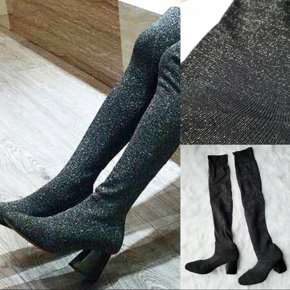 🔥FINAL SALE🔥Black Glitter Thigh High Sock Boot - Picture 1 of 5